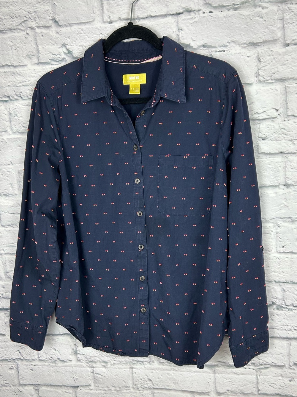 Maeve Anthropologie Navy Cotton Button Down Shirt Size 12 Printed